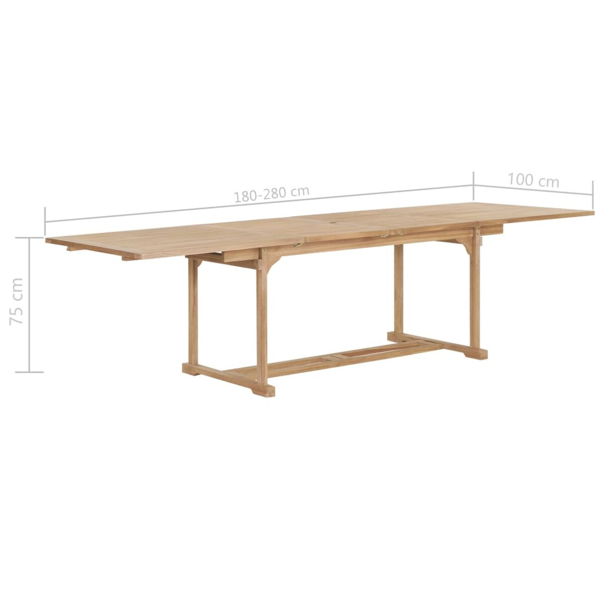 Ausziehbarer Holztisch mit Abmessungen: 180-280cm x 100cm x 75cm. Tischbeine sind sichtbar.