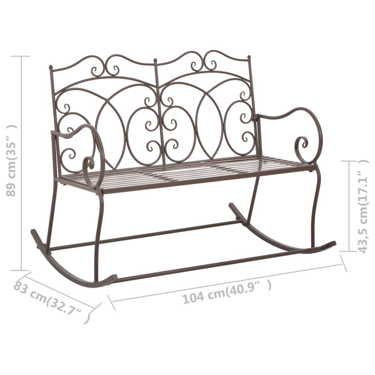 Schaukelbank aus Metall mit eingerolltem Design und Maßangaben.