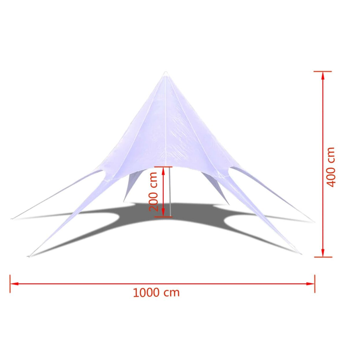 Weißes zeltartiges Gebilde mit den Maßen 1000 cm breit und 400 cm hoch. Isoliert auf Weiß.