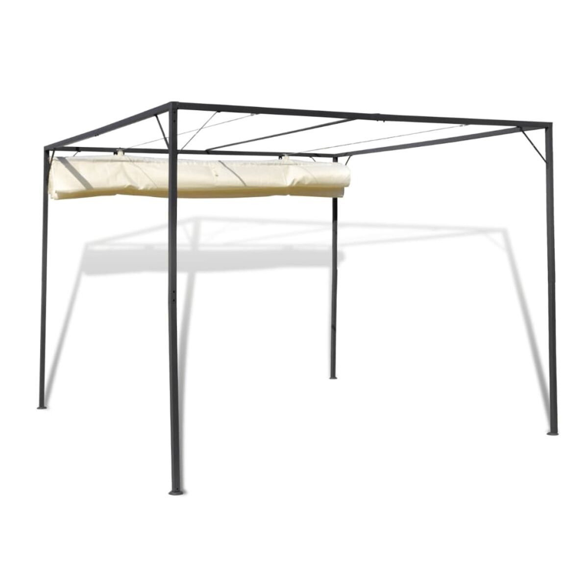 Schwarze Metallrahmen-Pergola mit cremefarbenem Stoffdach, wirft Schatten auf weißem Hintergrund.