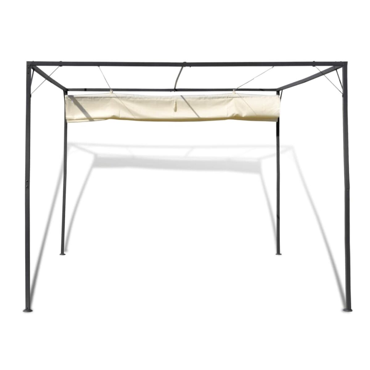 Schwarze Metallpergola mit beigem Stoffdach. Sie befindet sich auf weißem Hintergrund.