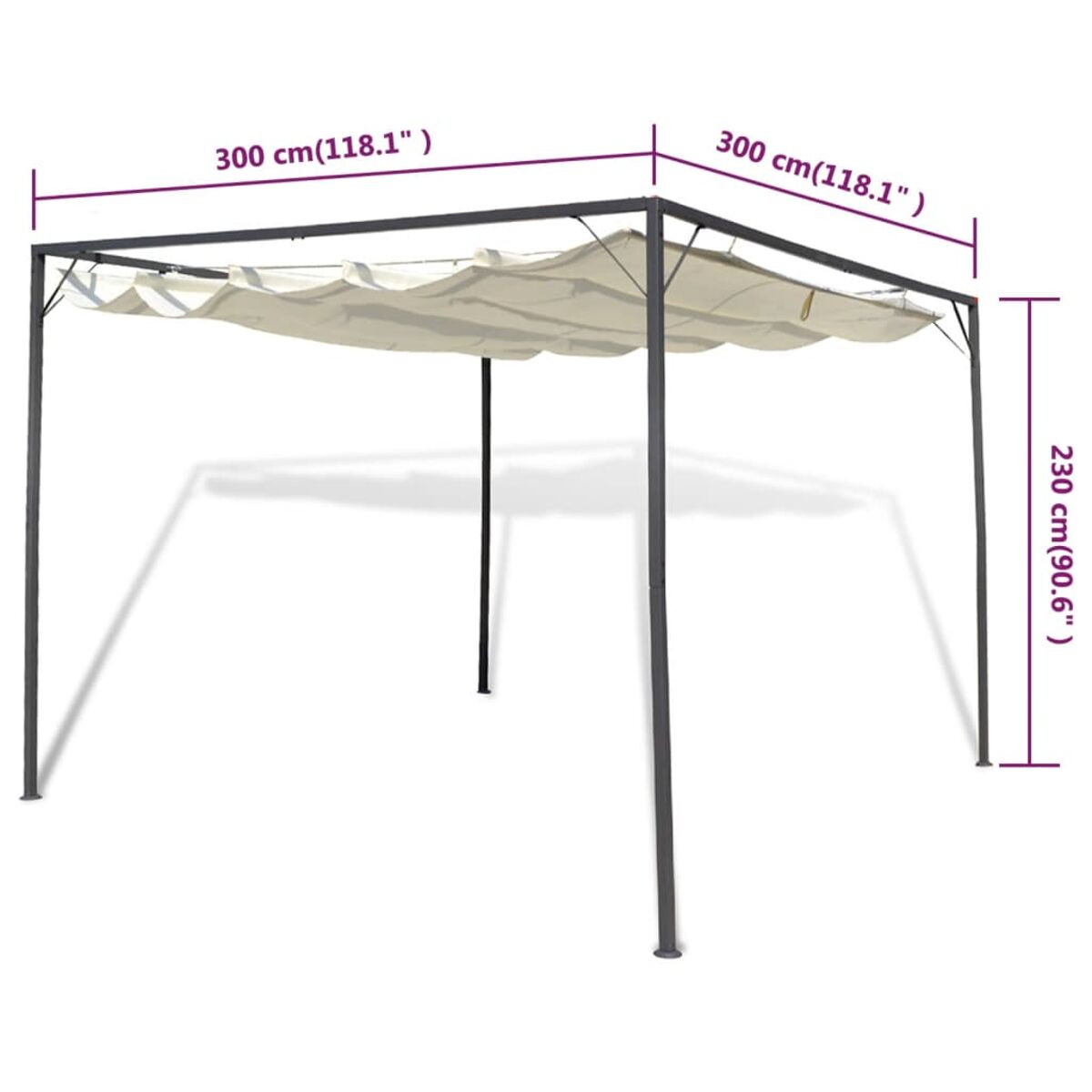 Pavillon-Struktur, Maße beschriftet. Beige Baldachin. Grauer Metallrahmen.