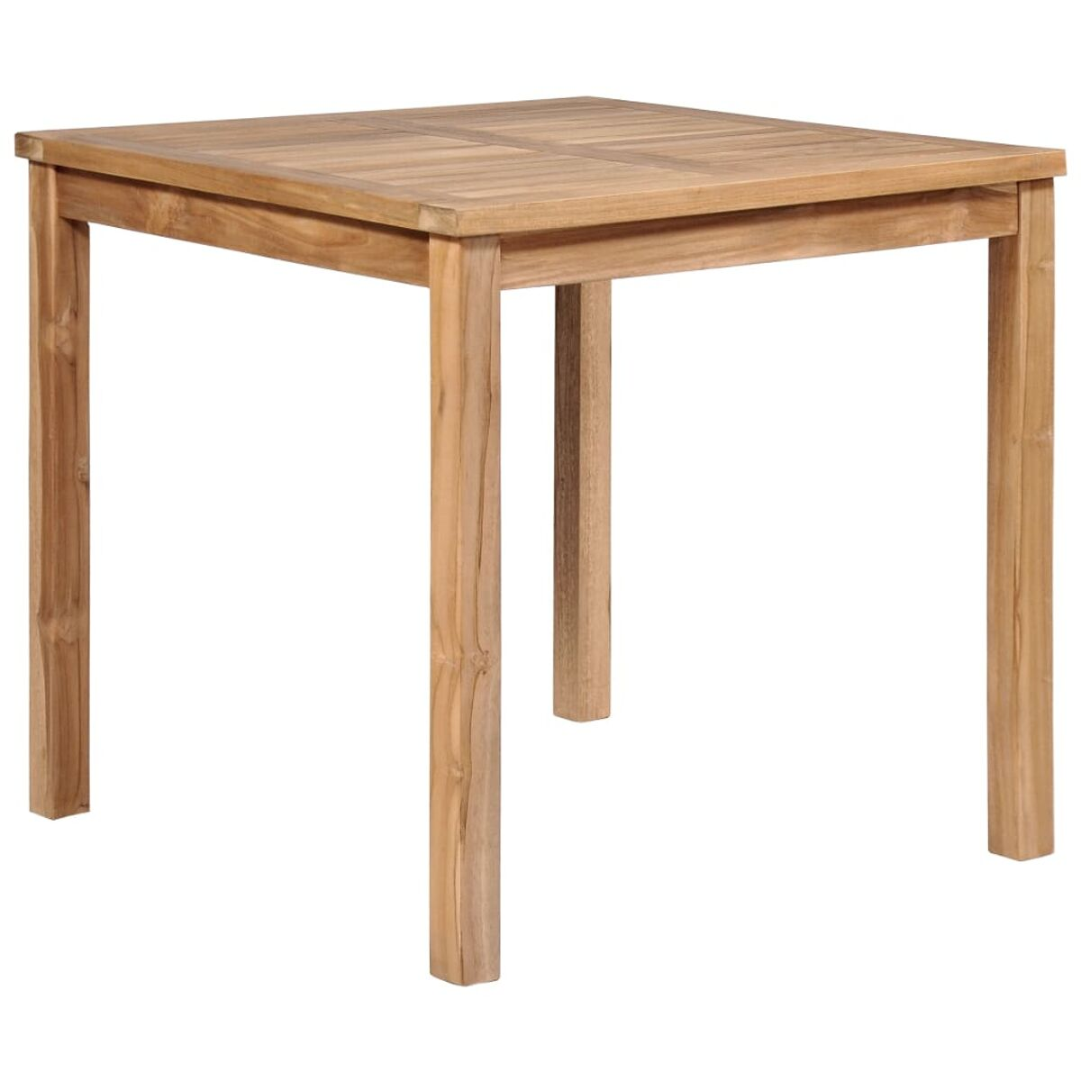 Quadratischer Holztisch mit vier Beinen. Braune Farbe. Keine Personen.