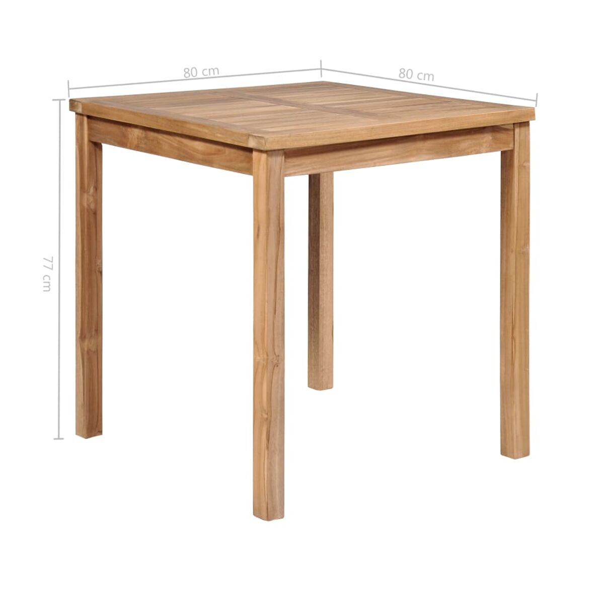 Ein quadratischer Holztisch mit angegebenen Abmessungen. Er hat vier Beine.