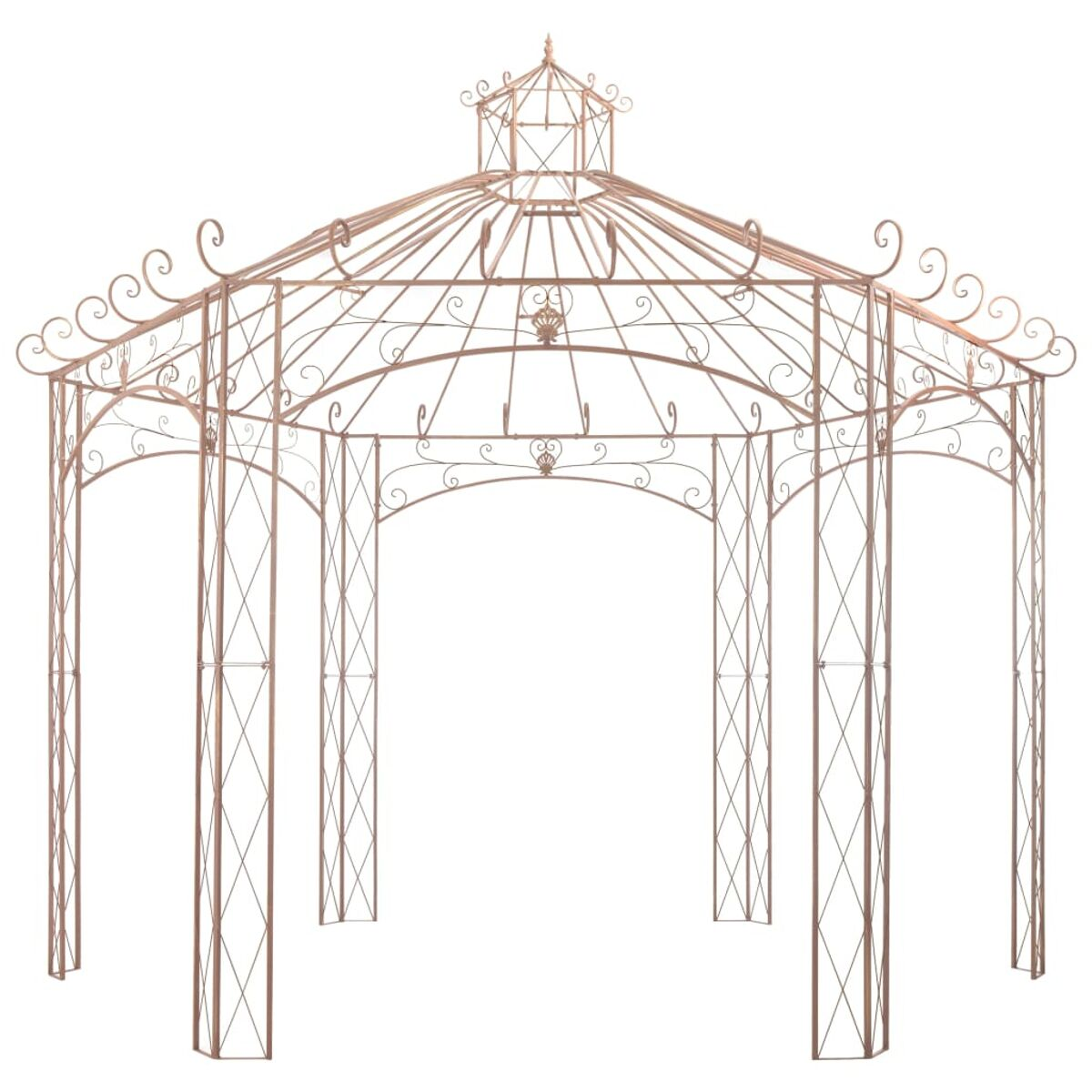 Ein bronzefarbener Pavillon mit kunstvollem Design vor weißem Hintergrund.
