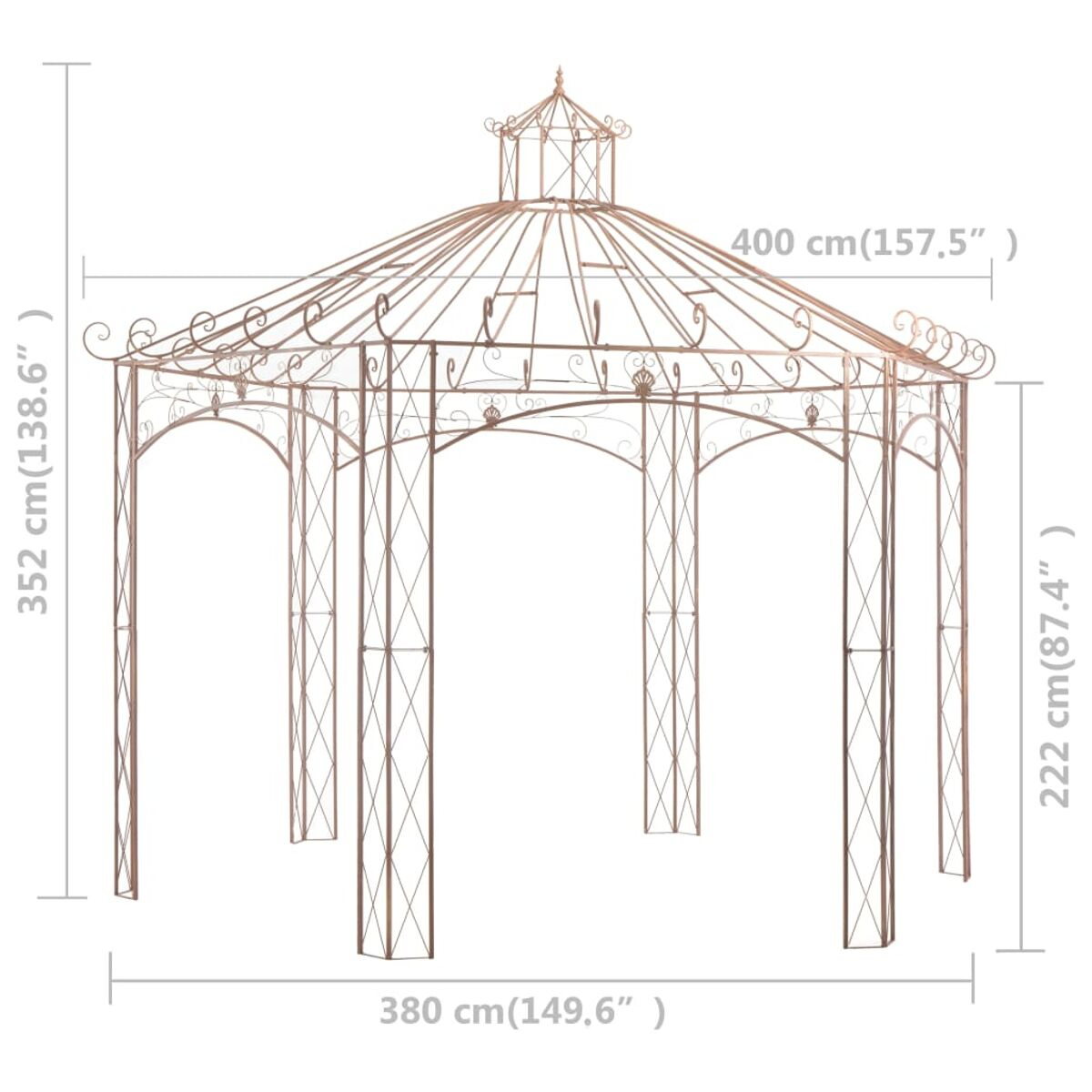 Verzierter Pavillon mit beschrifteten Maßen. Kupferfarbener Metallrahmen. Weißer Hintergrund.