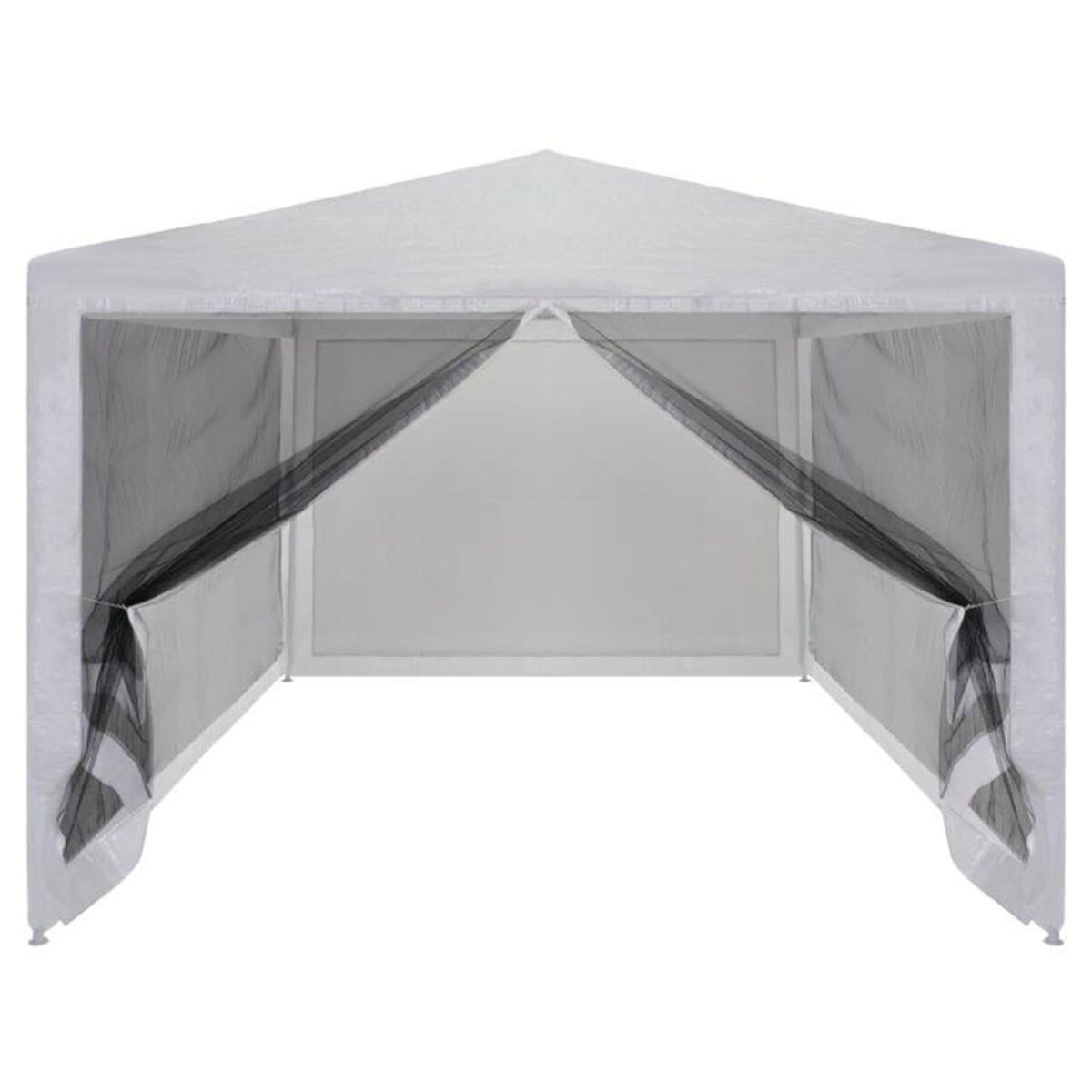 Ein weißer Pop-up-Pavillon mit schwarzen Mesh-Seitenwänden. Es ist im Freien aufgebaut.