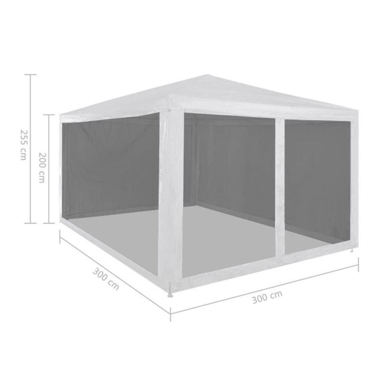 Weißer Pavillon mit Maßen: 300cm x 300cm, 200cm Höhe, 255cm bis zur Spitze.