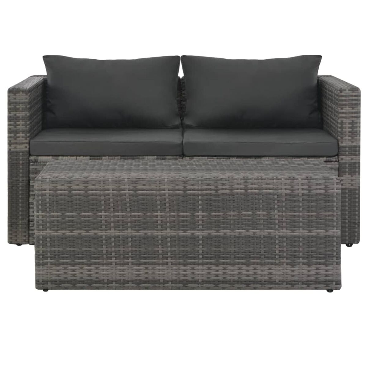 Graues Websofa und Tischset mit Kissen, auf weißem Hintergrund.