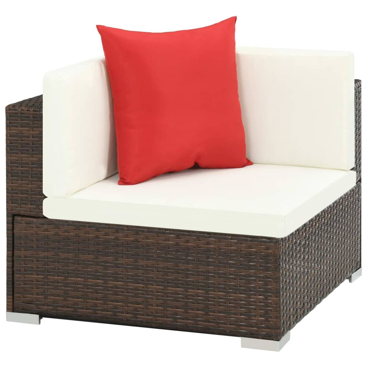 Braunes Ecksofa aus Rattan mit weißen Kissen und einem roten Kissen.