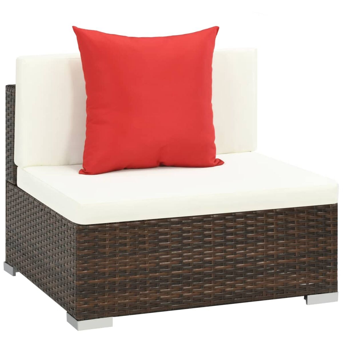 Braunes Rattan-Sofamodul mit weißem Kissen und rotem Kissen.