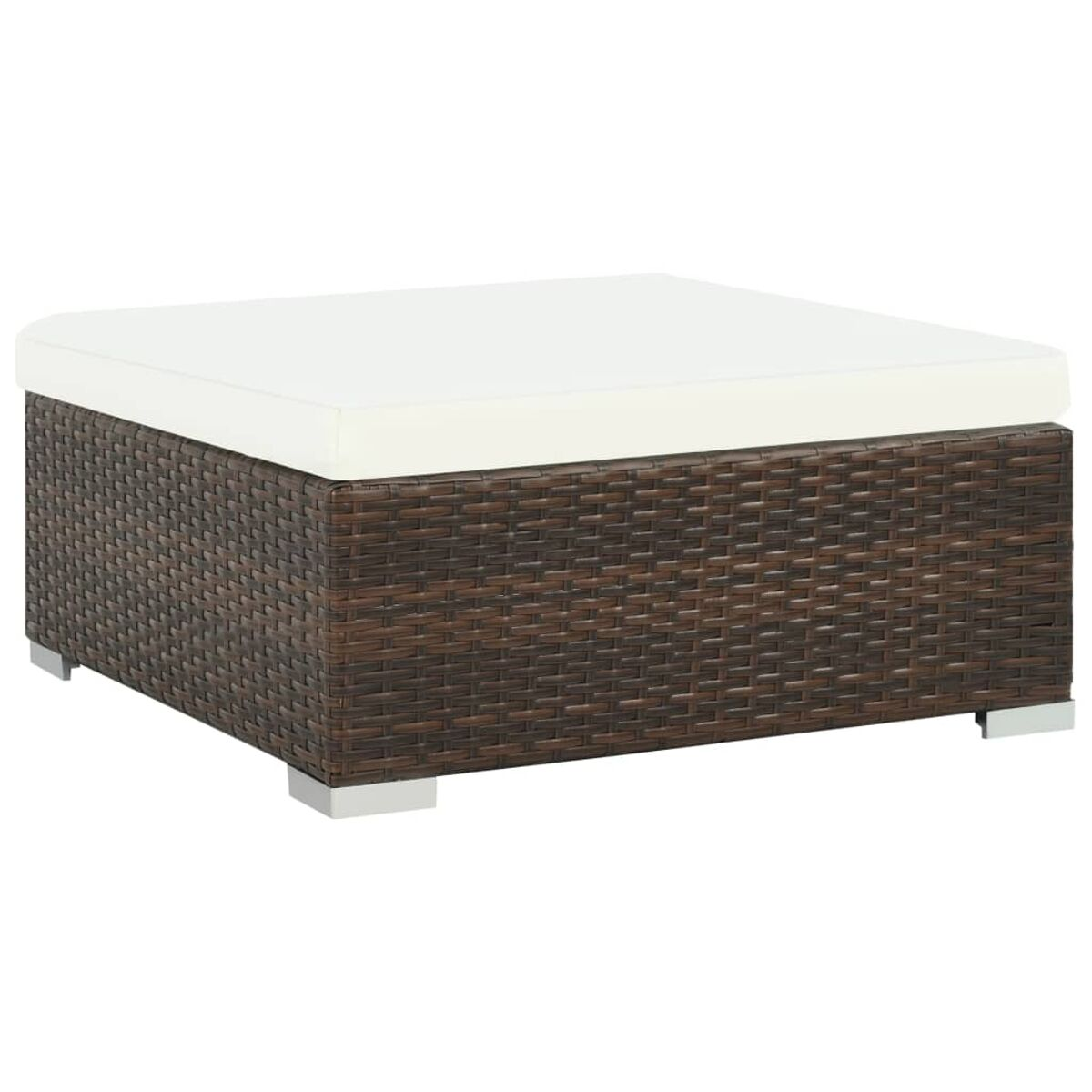 Quadratische Rattan-Ottomane. Weißes Kissen. Braune Farbe. Silberne Füße.