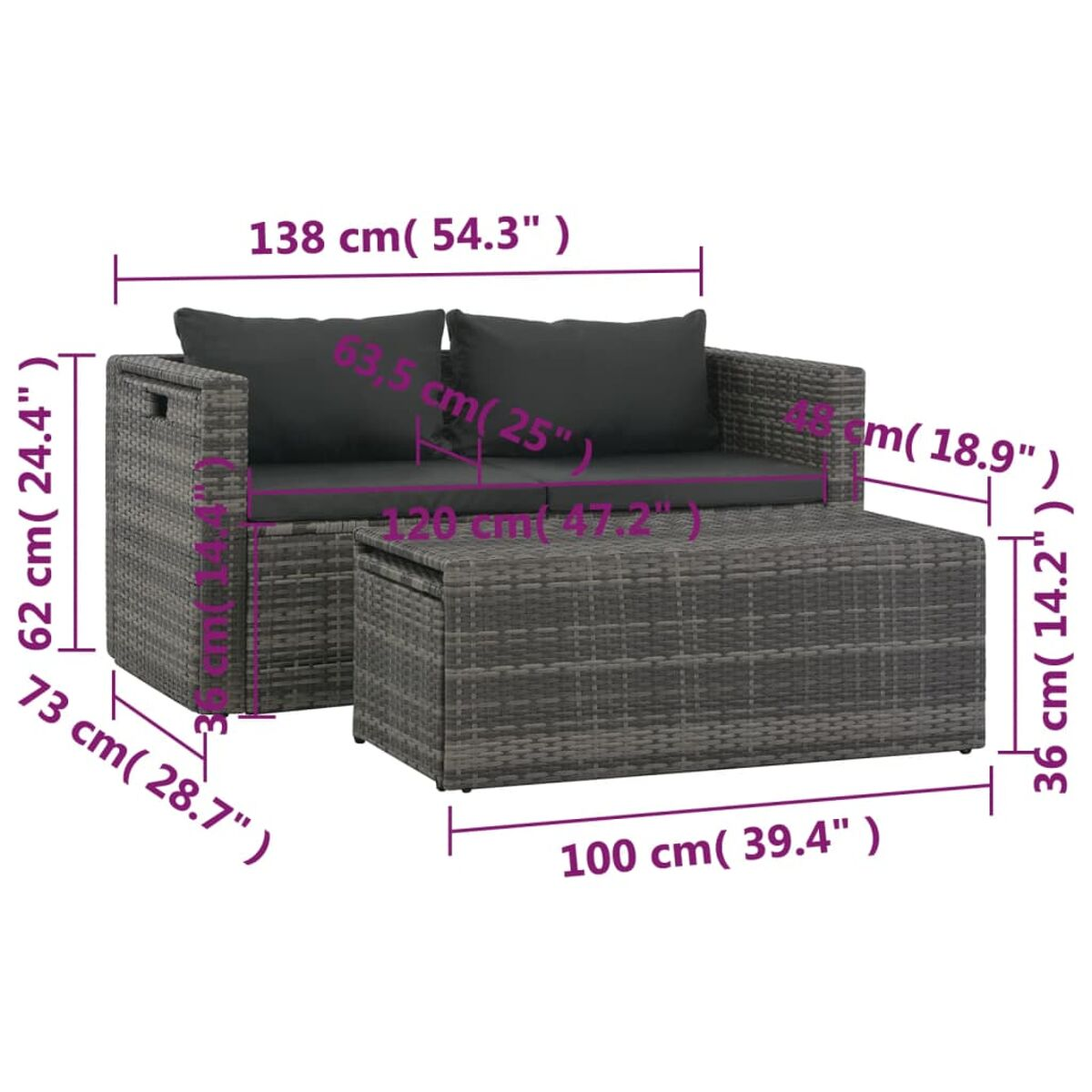 Ein graues Rattan-Sofa und ein passender Couchtisch. Die Abmessungen sind in cm und Zoll angegeben.