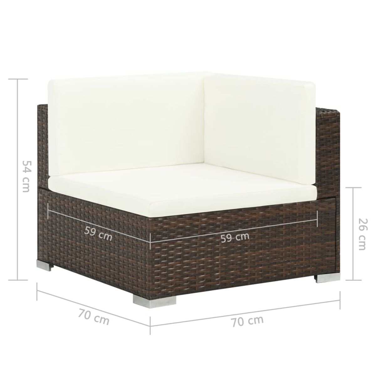 Braunes Ecksofa aus Rattan mit weißen Kissen. Abmessungen sind auf weißem Hintergrund dargestellt.