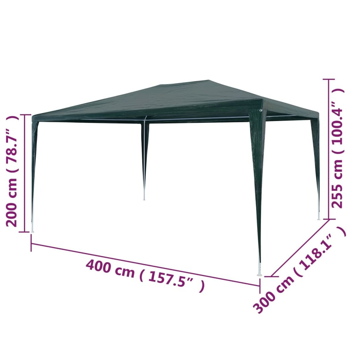 Ein grüner Outdoor-Pavillon mit Maßangaben. Der Pavillon befindet sich auf weißem Hintergrund.