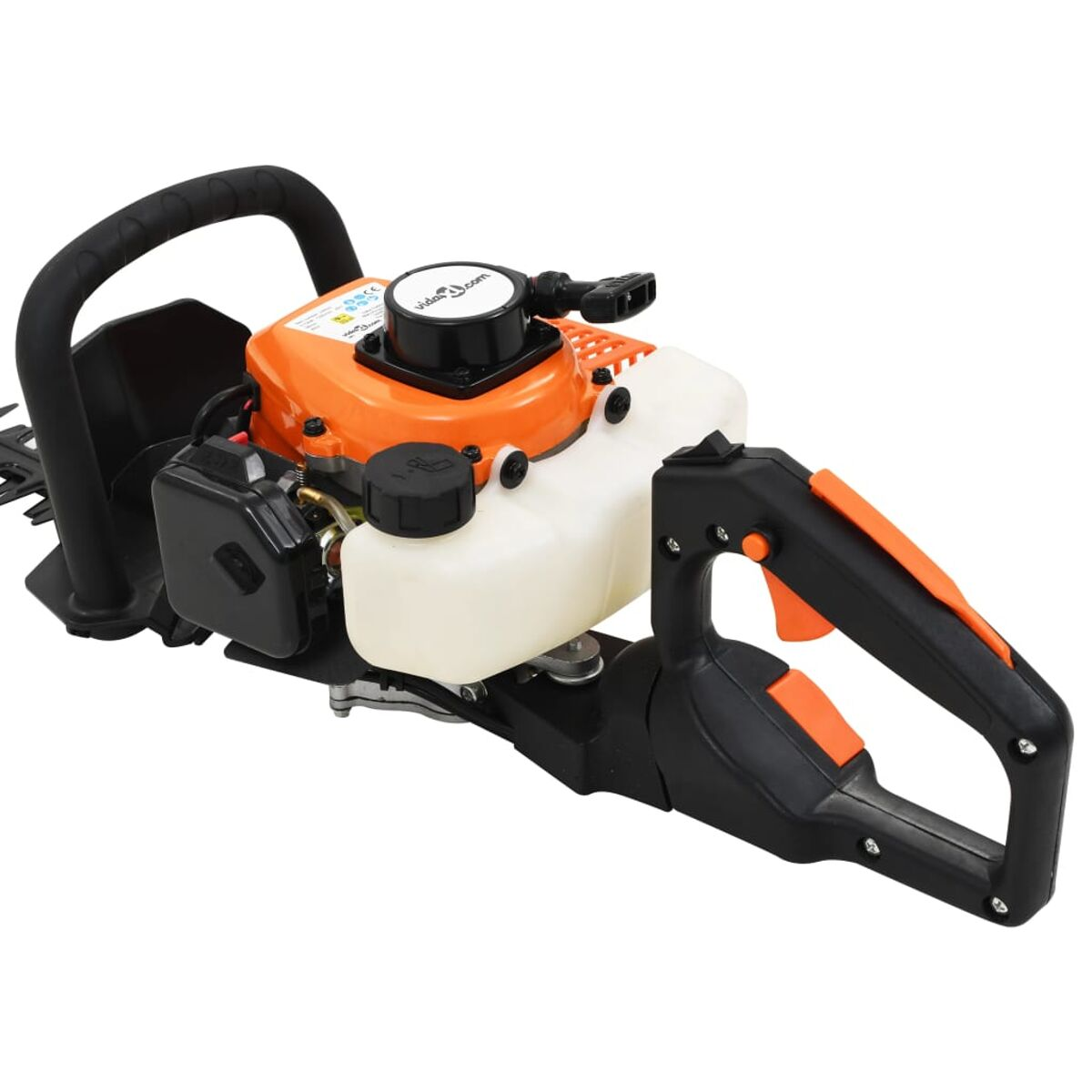 Orangener und schwarzer Heckenschneider. Er hat einen Kraftstofftank und einen Griff.