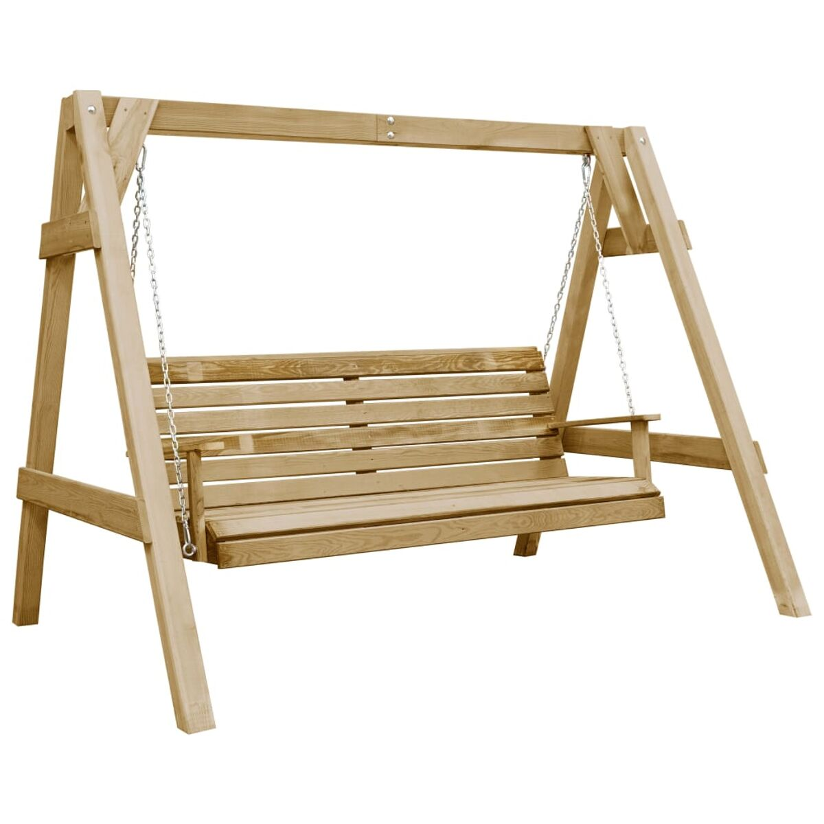 Holzschaukel mit einer Bank. Hellbraune Farbe.