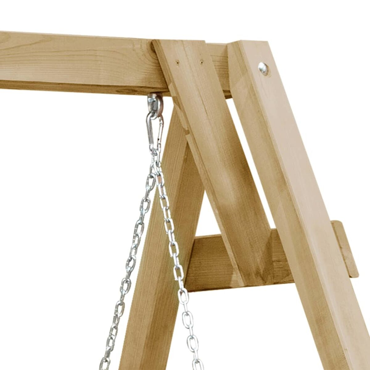 Holzschaukelgestell mit Metallkette. Der Rahmen ist hellbraun, mit Ketten, die von oben hängen.