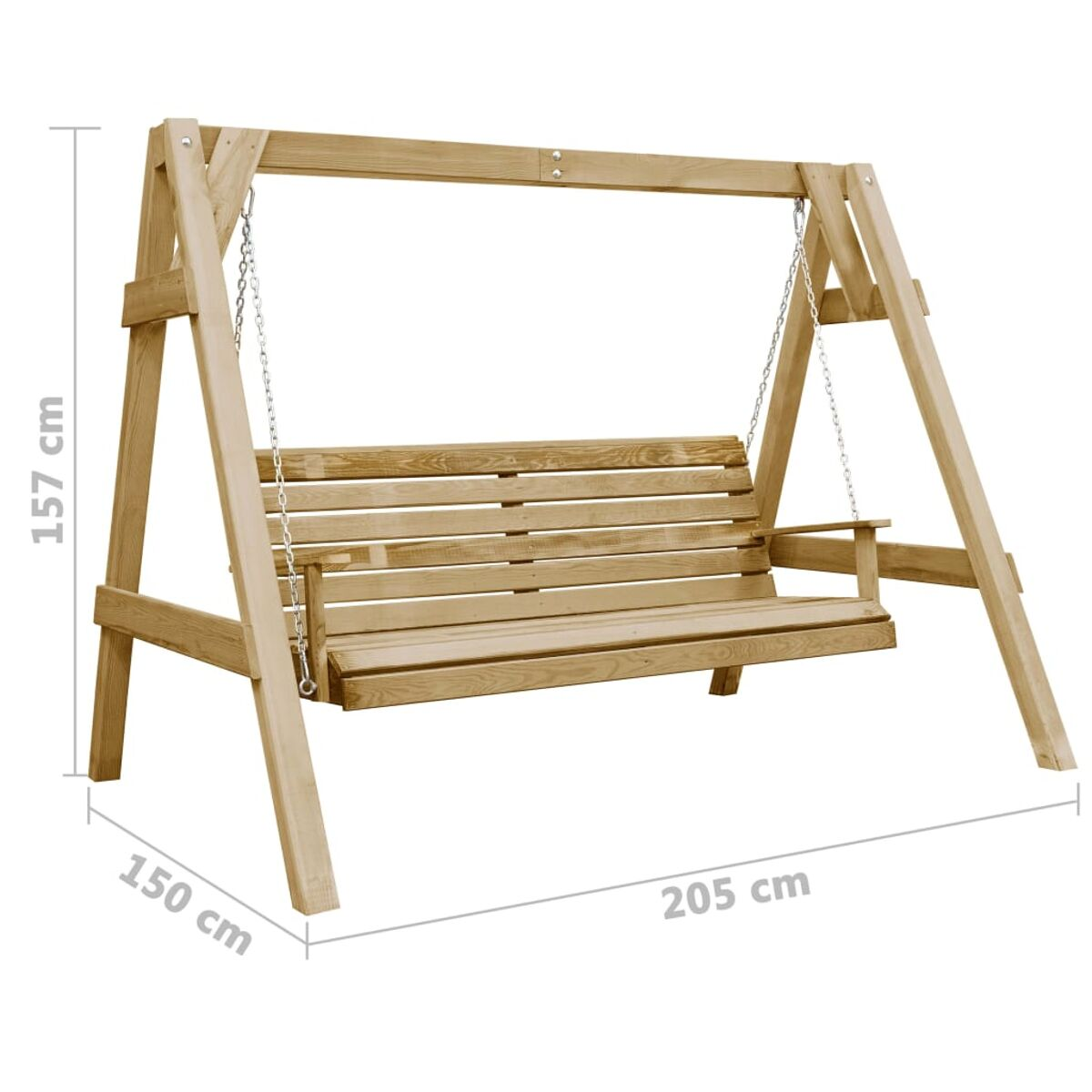Ein Holzschaukelgestell mit Maßangaben: 205 cm lang, 157 cm hoch, 150 cm breit.
