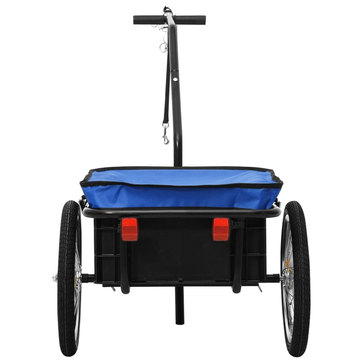 Ein blau-schwarzer Fahrradanhänger mit zwei Rädern.