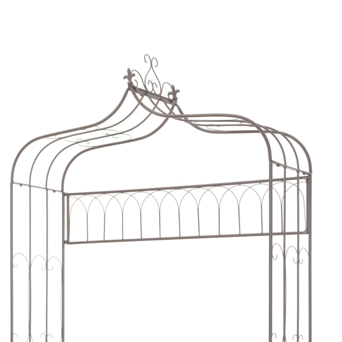 Metall-Gartenbogen, verziertes Top-Design. Gewölbte Struktur mit dekorativen Elementen.