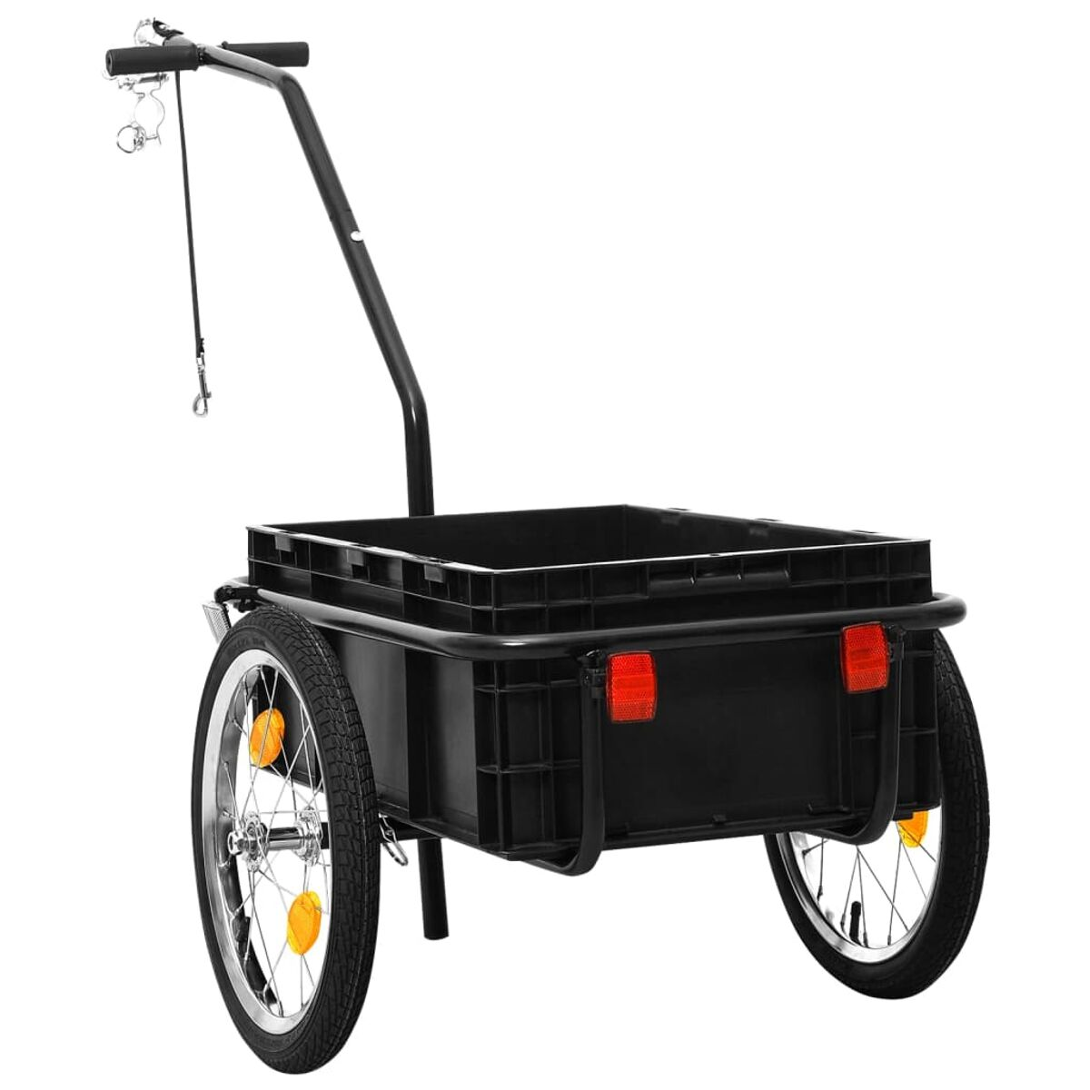 Ein schwarzer Wagen mit einem schwarzen Korb. Der Wagen hat zwei Räder, einen Griff und zwei orangefarbene Reflektoren.