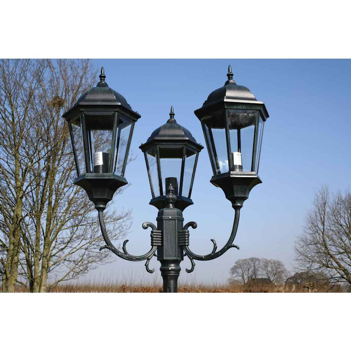 Drei schwarze, verzierte Straßenlaternen vor blauem Himmel. Bäume im Hintergrund.