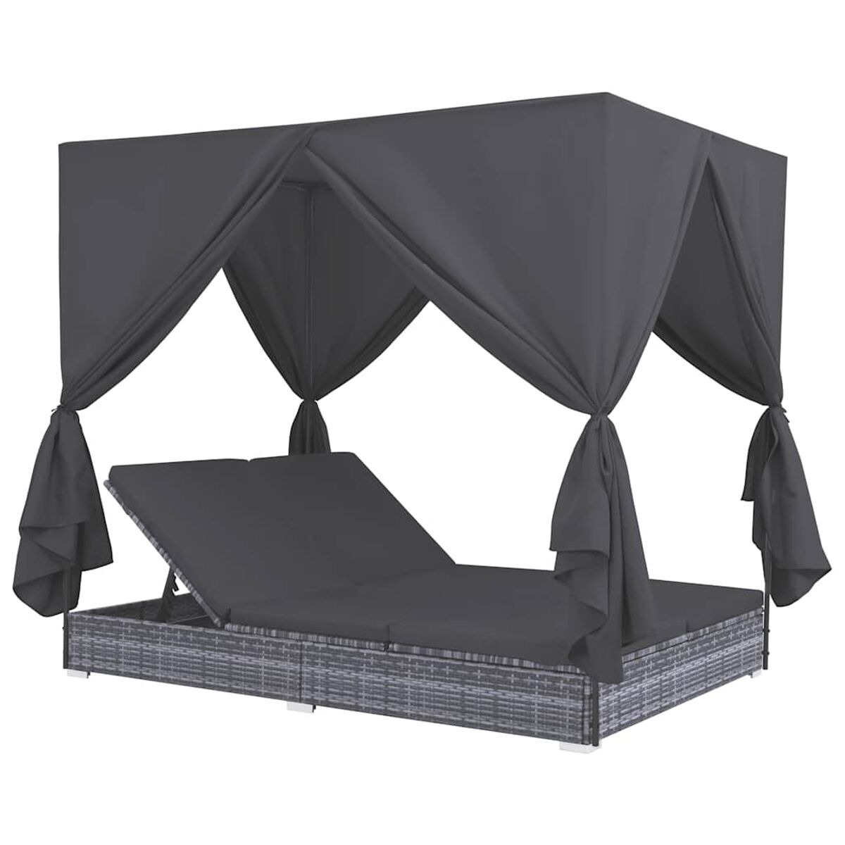 Graues Himmelbett-Tagesbett mit dunkelgrauen Kissen. Korbähnliche Basis und drapiertes Baldachin-Gewebe.