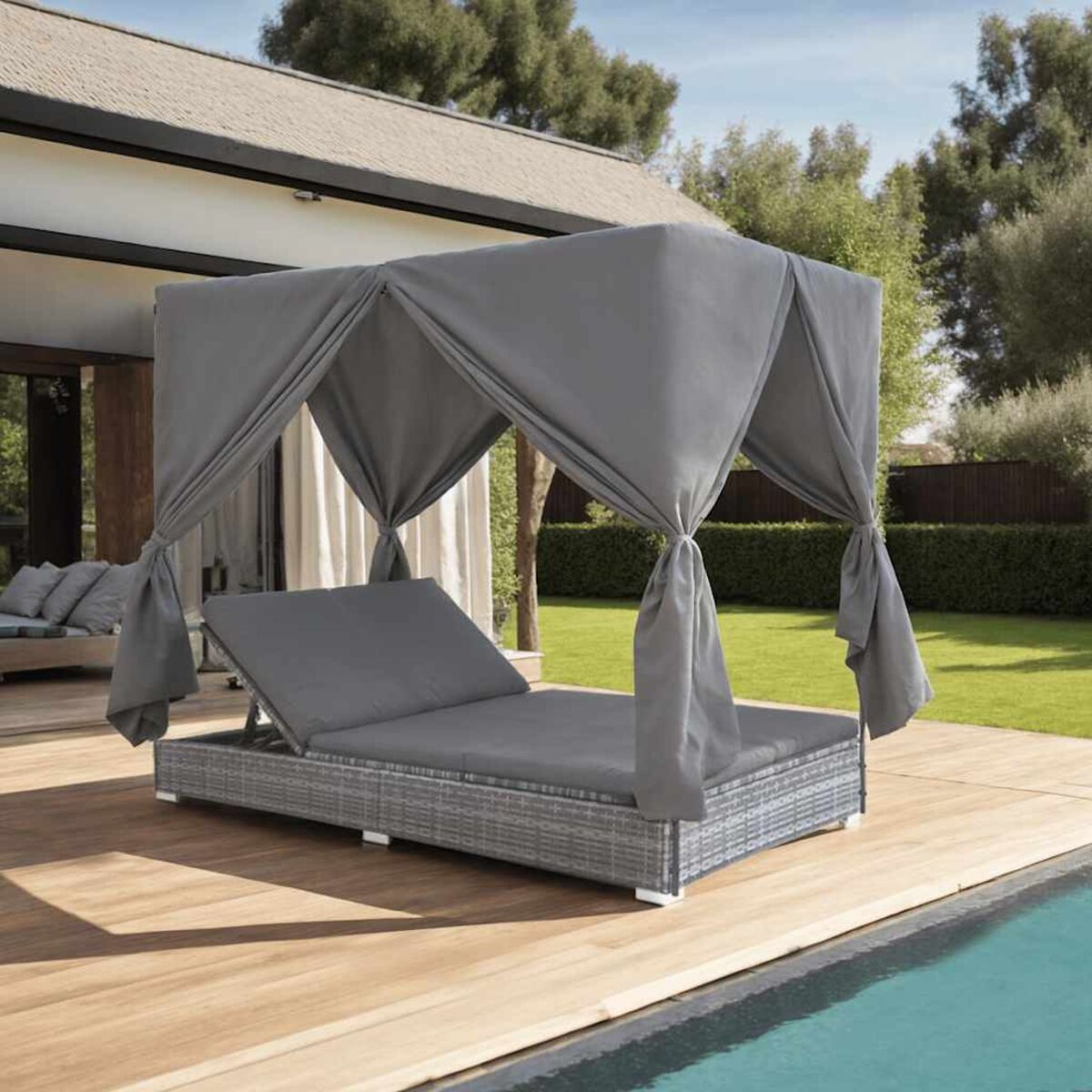 Outdoor-Tagesbett mit Baldachin. Graue Kissen und Pool im Hintergrund.