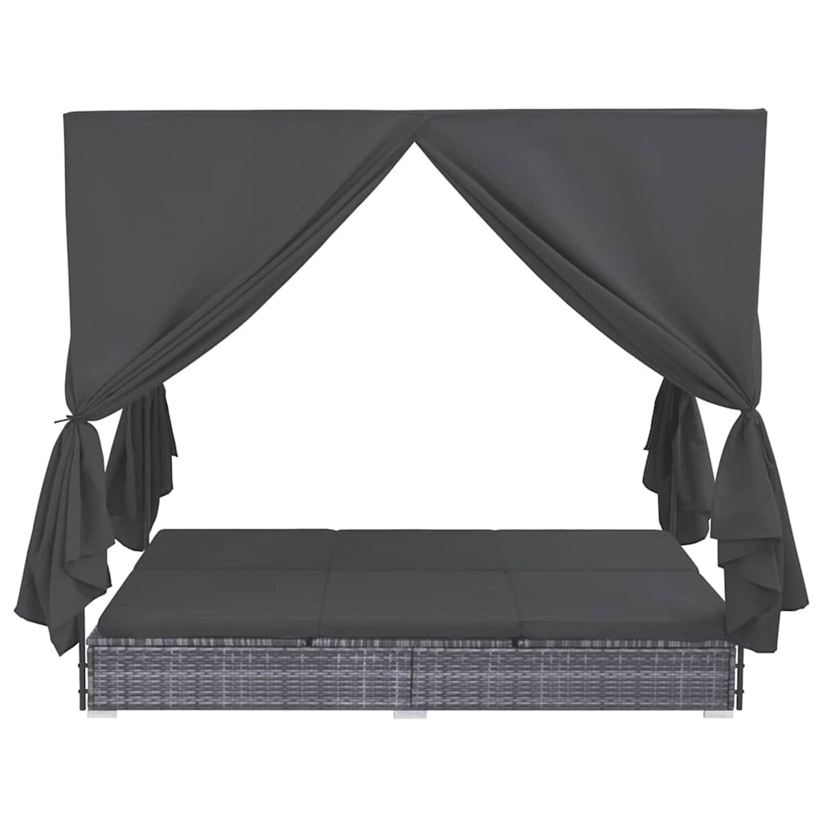 Ein graues Himmelbett mit gewebtem Unterbau, grauen Kissen und drapiertem Stoff.