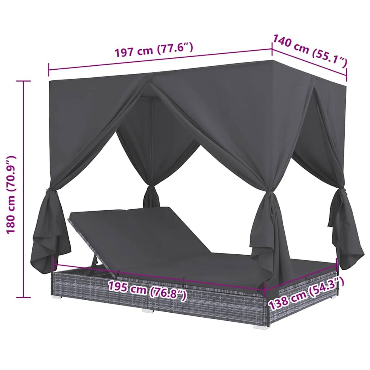 Outdoor-Himmelbett mit grauen Kissen, Vorhängen und angezeigten Maßen.