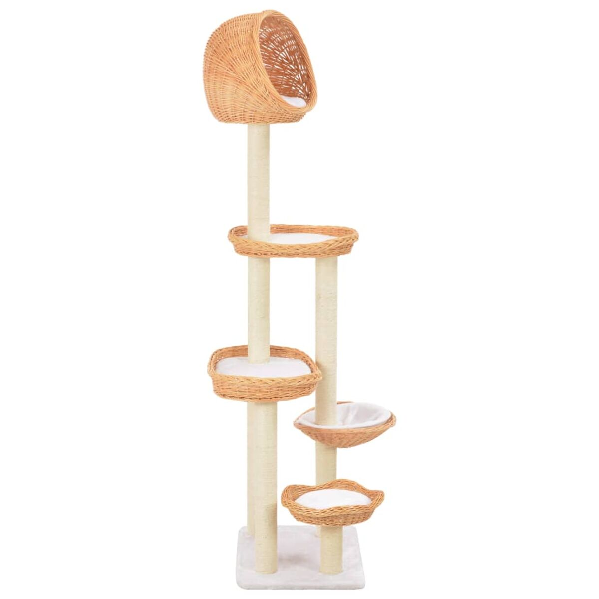 Kratzbaum mit geflochtenen Körben und Plattformen. Beige Pfosten und weißer Sockel. Isoliert auf Weiß.