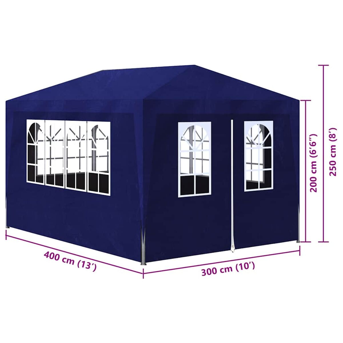 Blauer Outdoor-Pavillon mit mehreren Fenstern. Maße: 400x300x250 cm, mit weißer Umrandung.