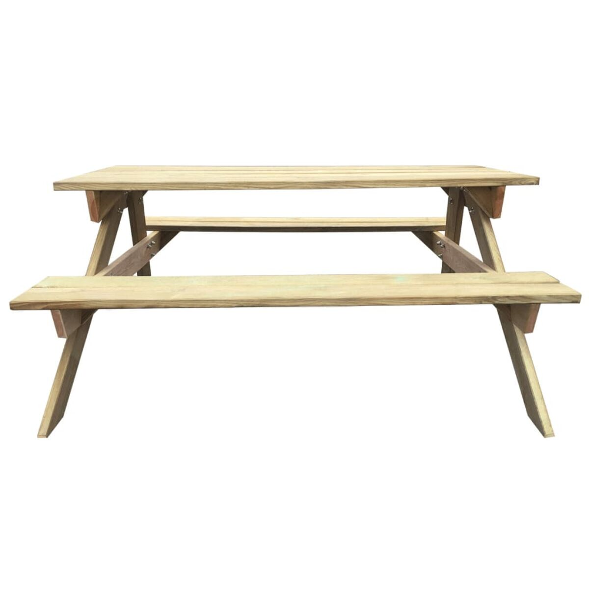 Holz-Picknicktisch mit angebrachten Bänken. Umgebung im Freien.