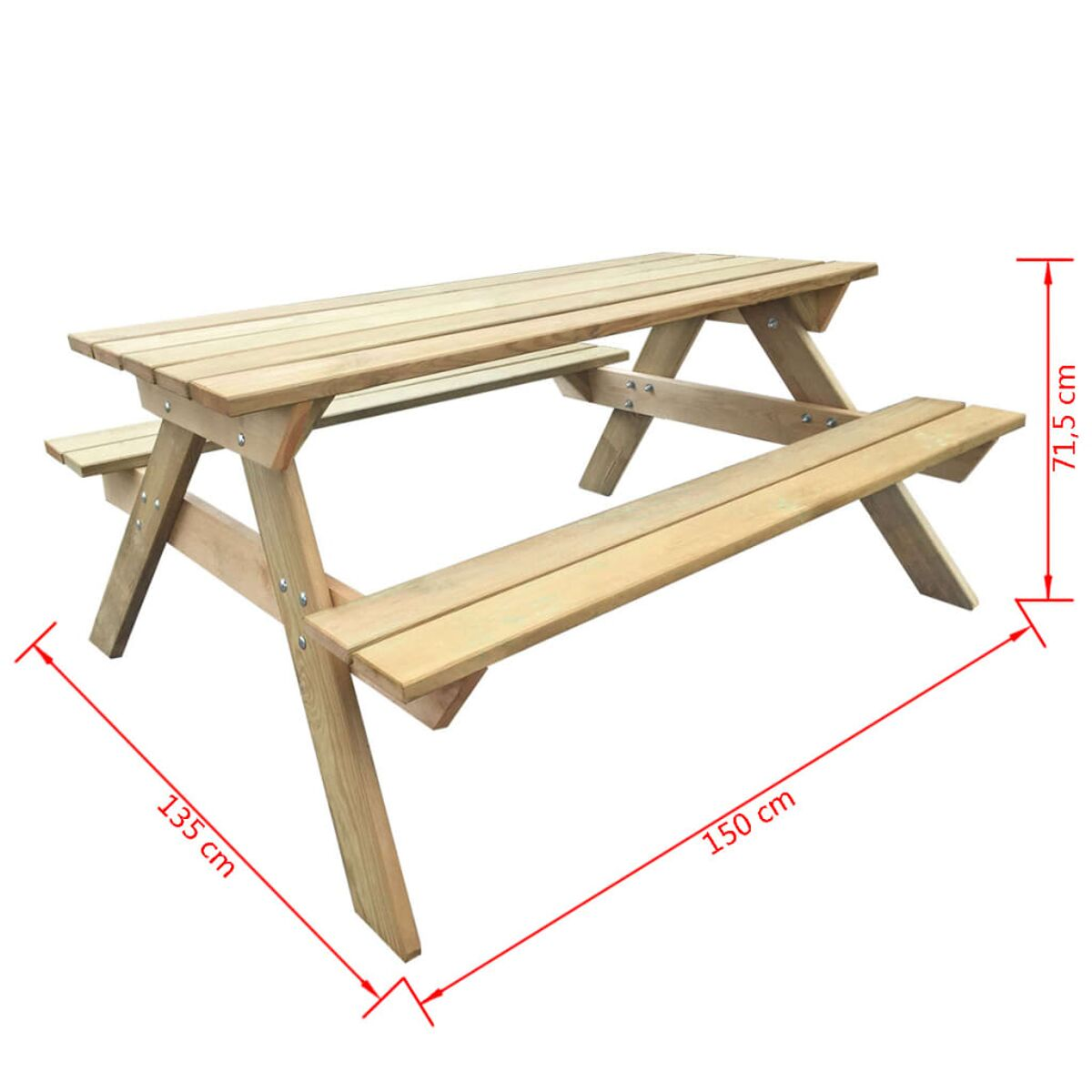 Holz-Picknicktisch mit angebrachten Bänken. Maße sind in cm angegeben. Braunes Holz mit diagonalen Beinen.