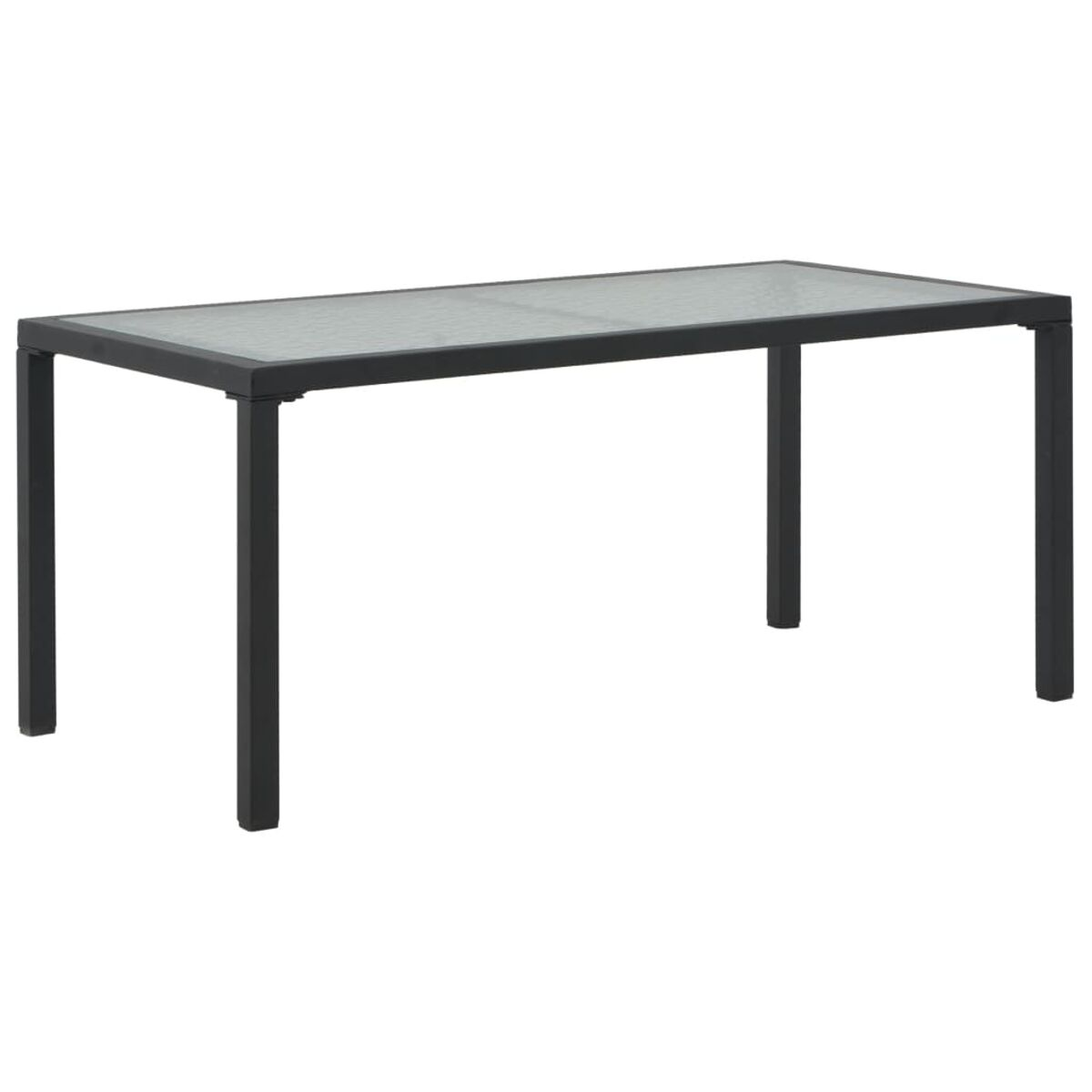 Ein schwarzer rechteckiger Tisch mit Glasplatte und schwarzen Beinen.