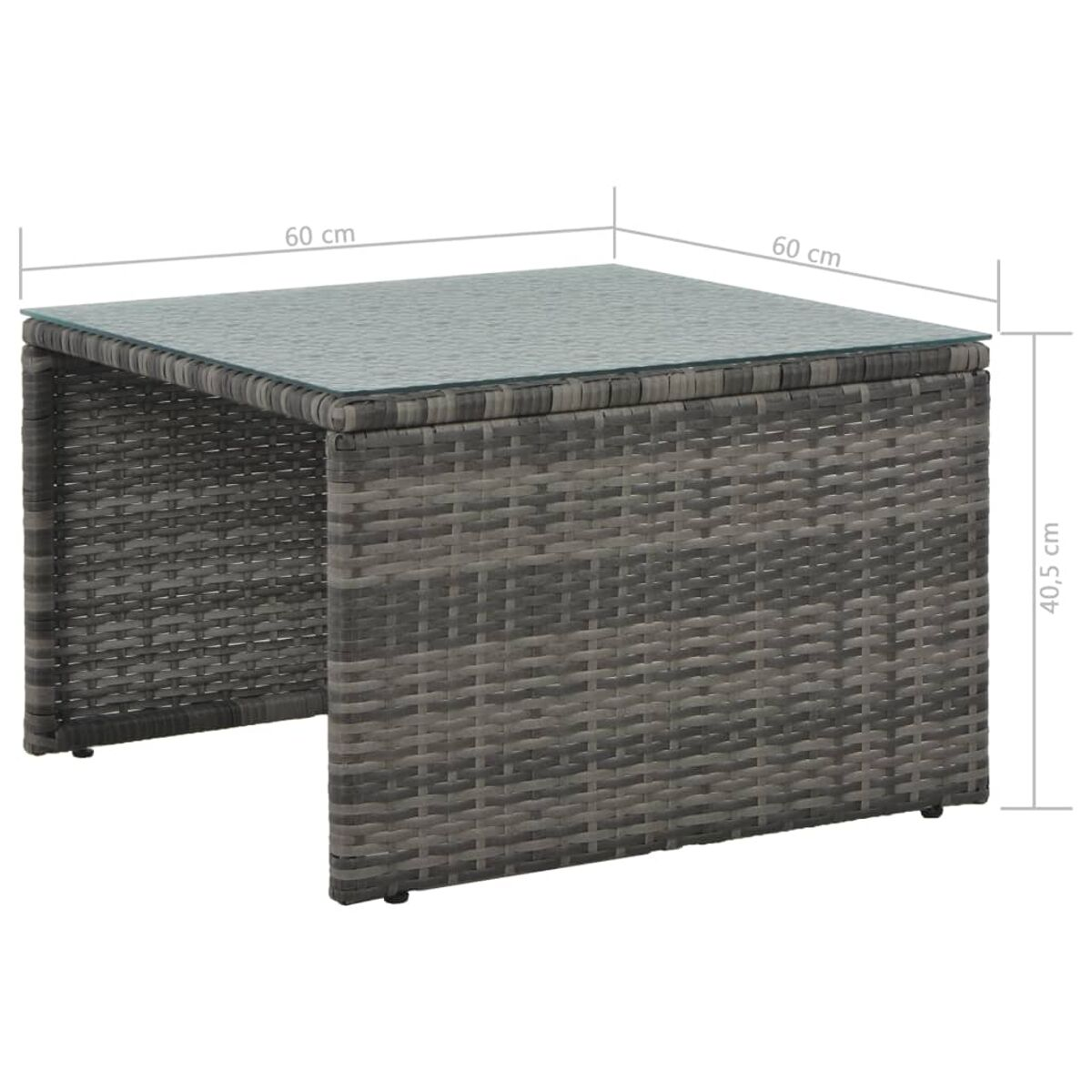 Ein quadratischer grauer Korbtisch mit Glasplatte, Abmessungen sichtbar.