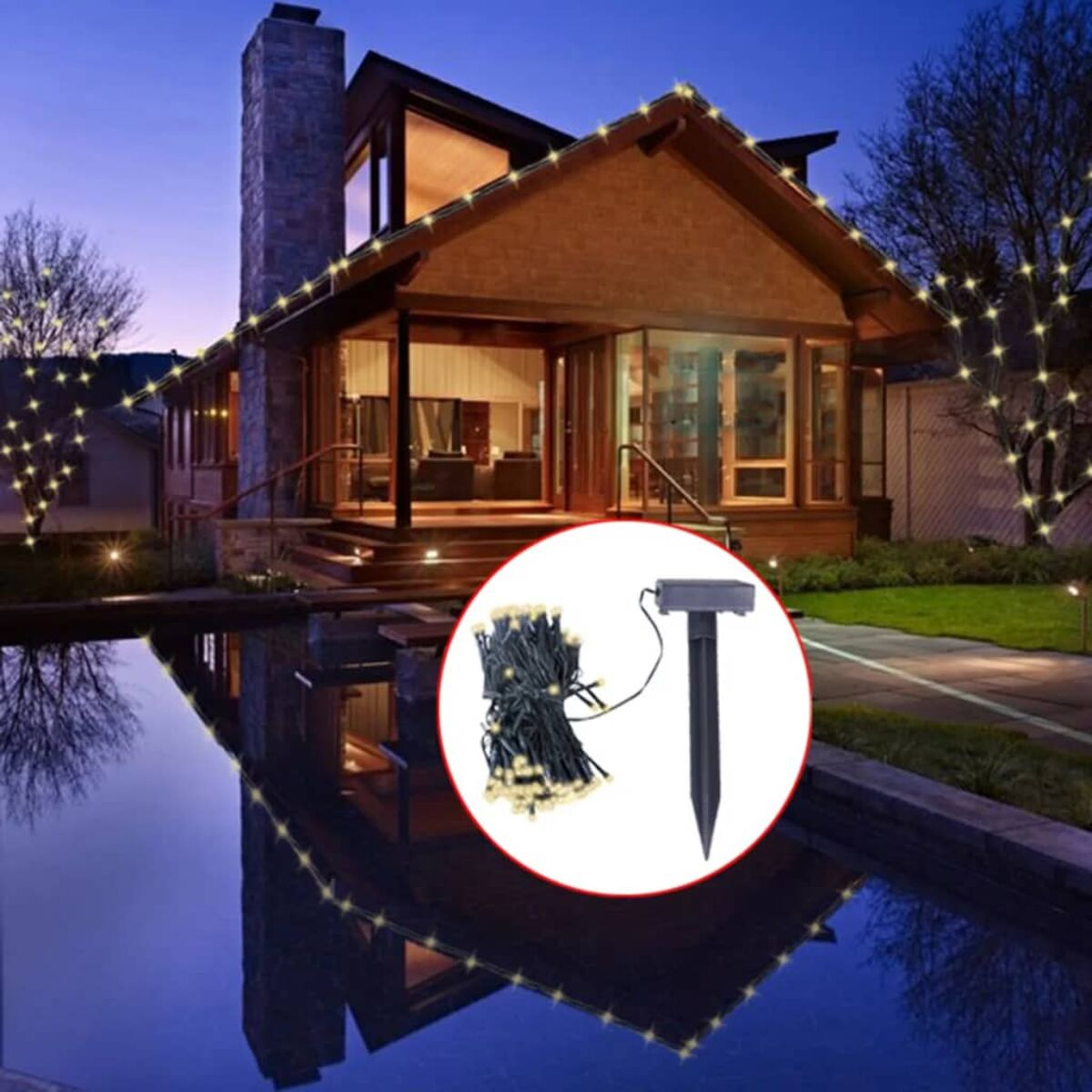 Haus mit Lichtern, Pool und reflektiertem Licht. Solar-Lichter-Kit in einem Kreis.
