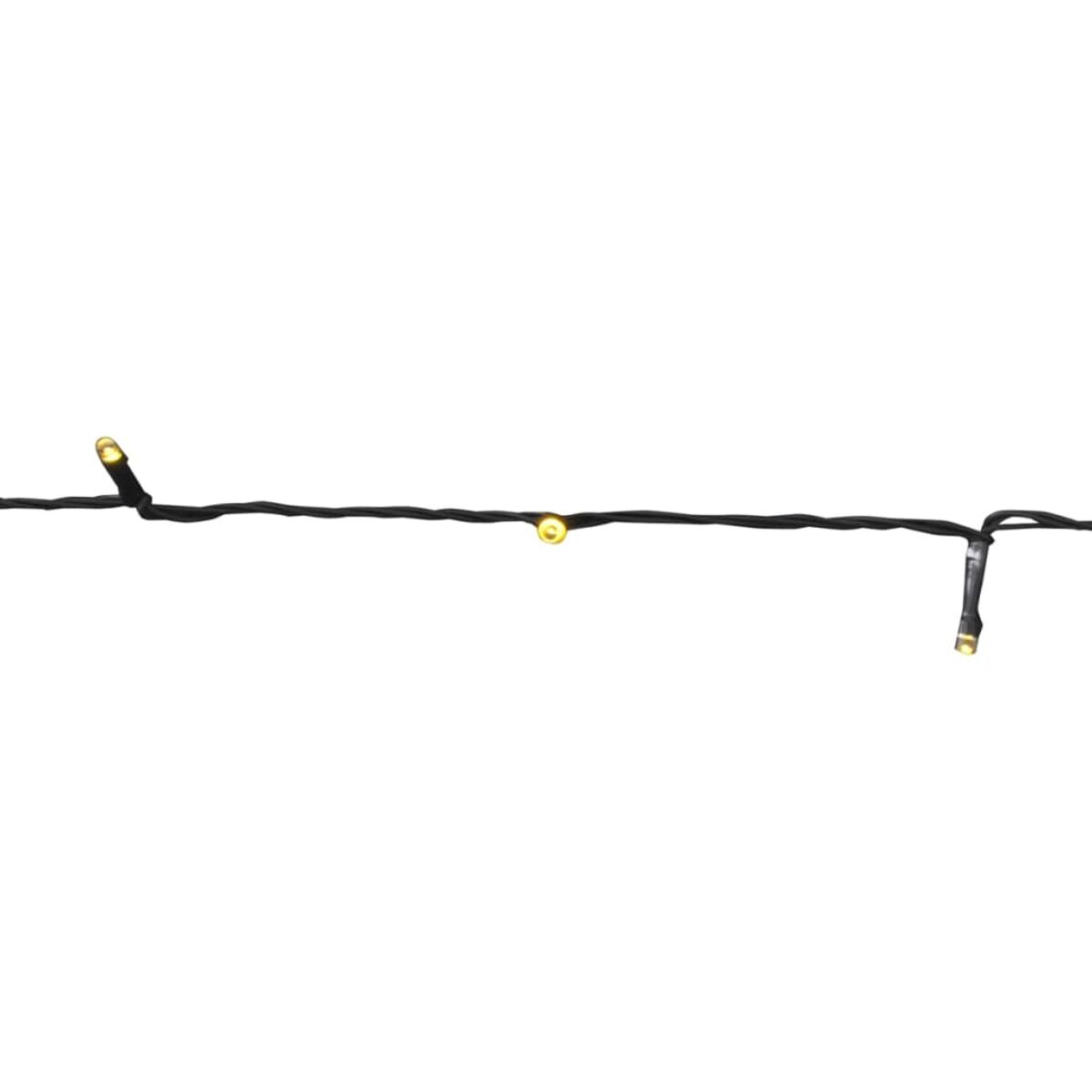 Eine Schnur kleiner gelber Lichter auf einem schwarzen Draht, vor weißem Hintergrund.