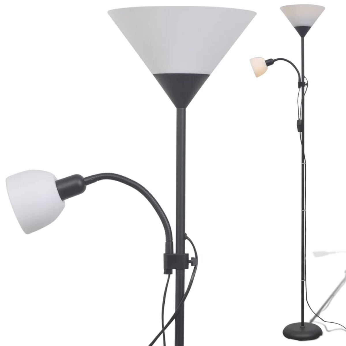 Eine schwarze Stehlampe mit einem weißen, kegelförmigen Schirm und einer kleineren, verstellbaren Leselampe.