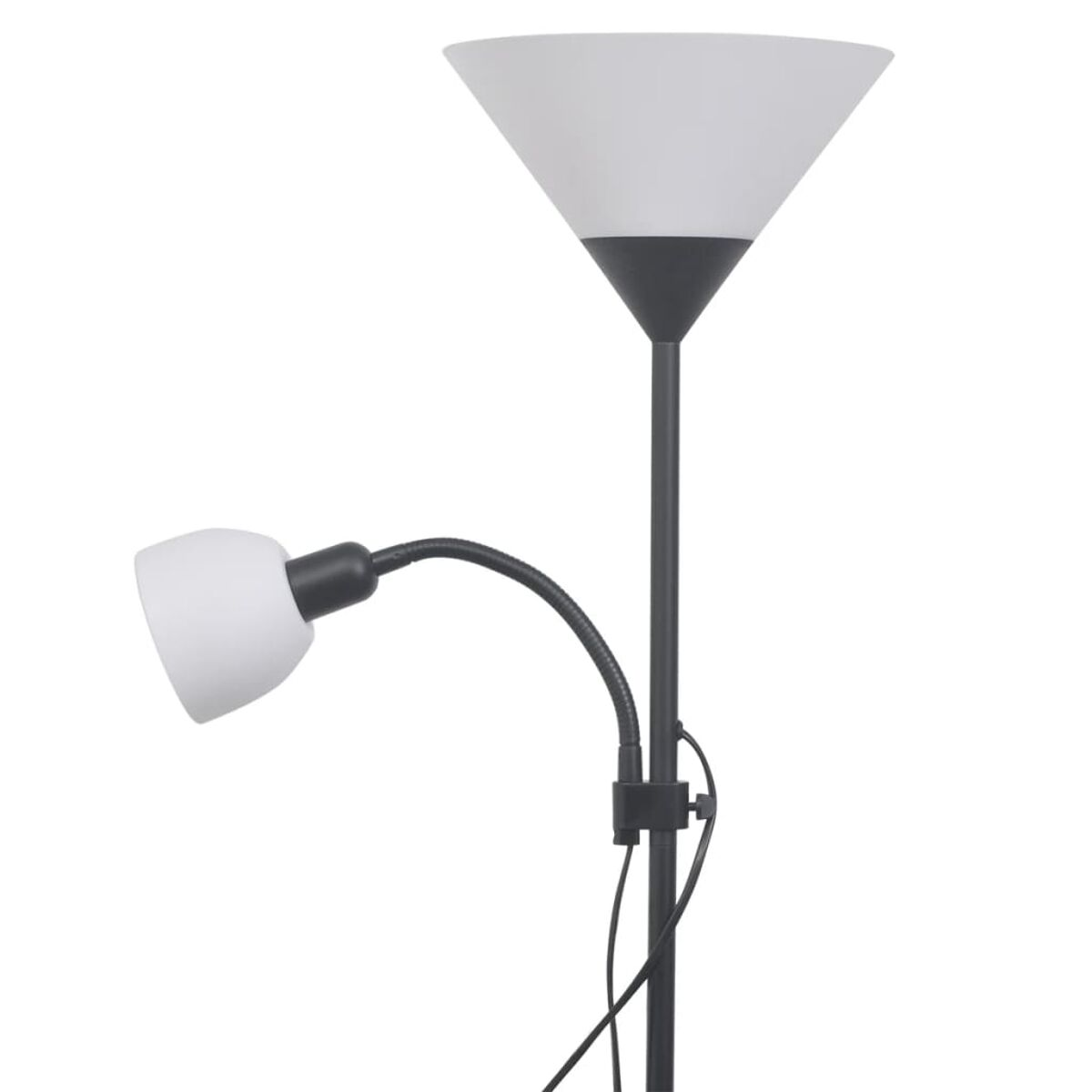 Stehlampe mit zwei weißen Schirmen und einem schwarzen Mast. Ein Schirm ist verstellbar.
