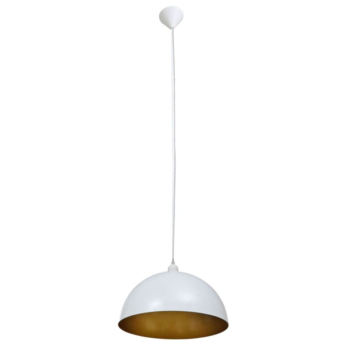 Weiße Pendelleuchte mit goldfarbenem Innenraum. Langes weißes Kabel und Deckenhalterung.