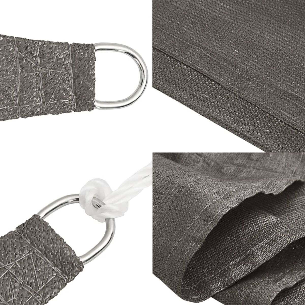 Nahaufnahme von grauem Sonnensegelmaterial, Details von Stoff, Ringen und Seil.