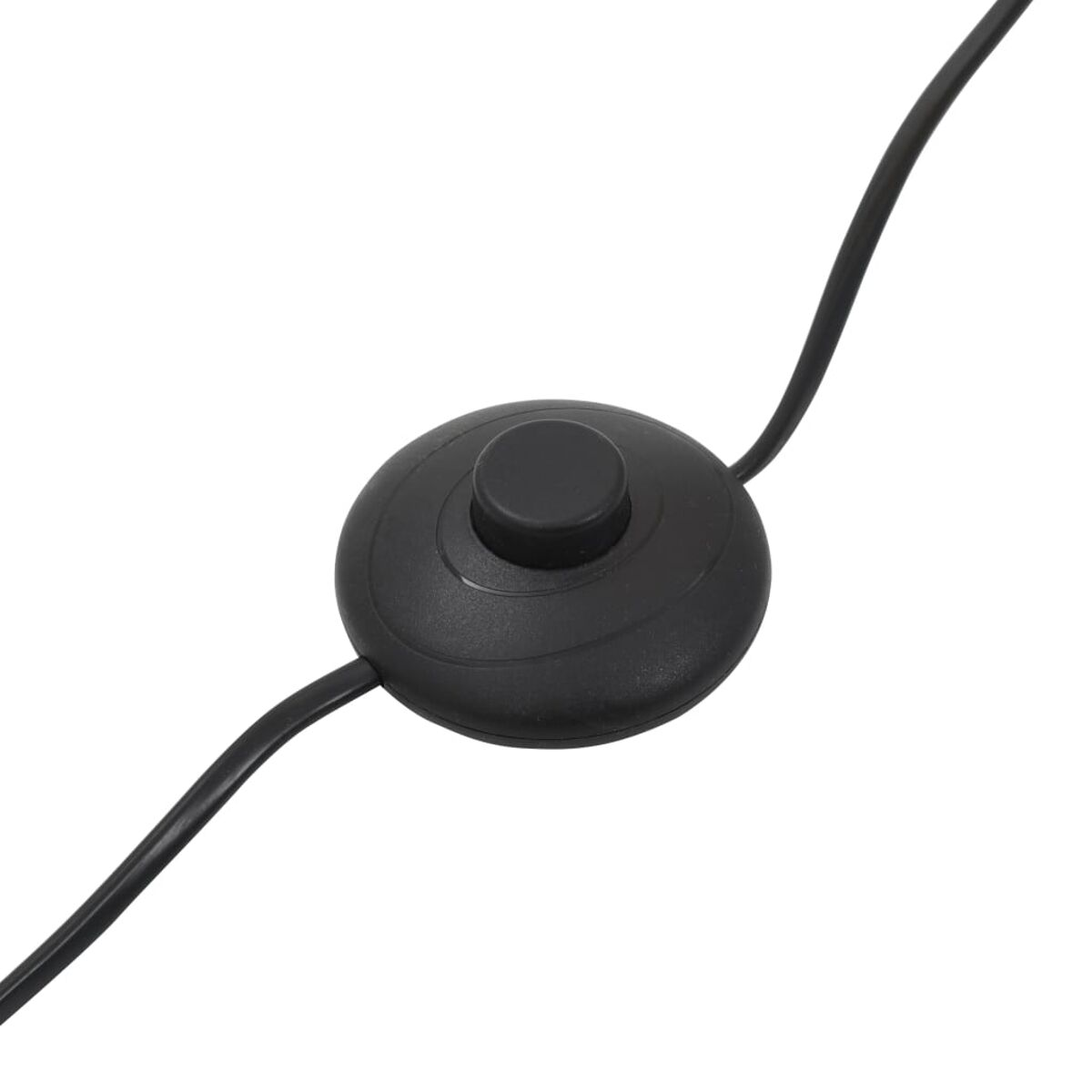 Ein schwarzer Fußschalter mit runder Form und einem schwarzen Netzkabel, von oben gesehen.