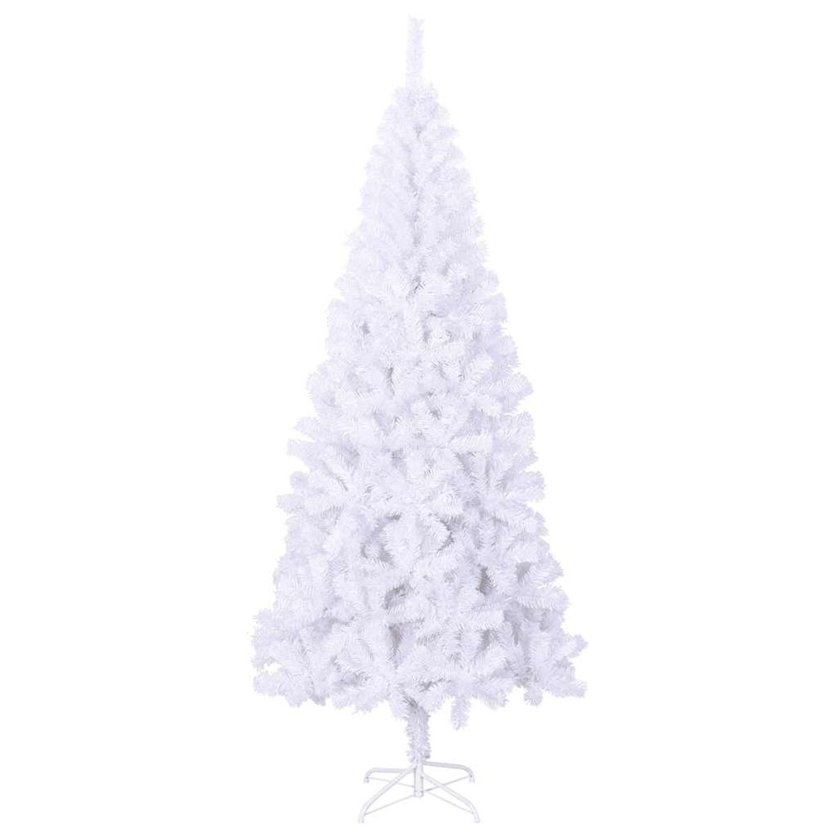 Weißer Weihnachtsbaum. Er ist voll und flauschig, mit vielen Ästen. Der Sockel ist weiß.