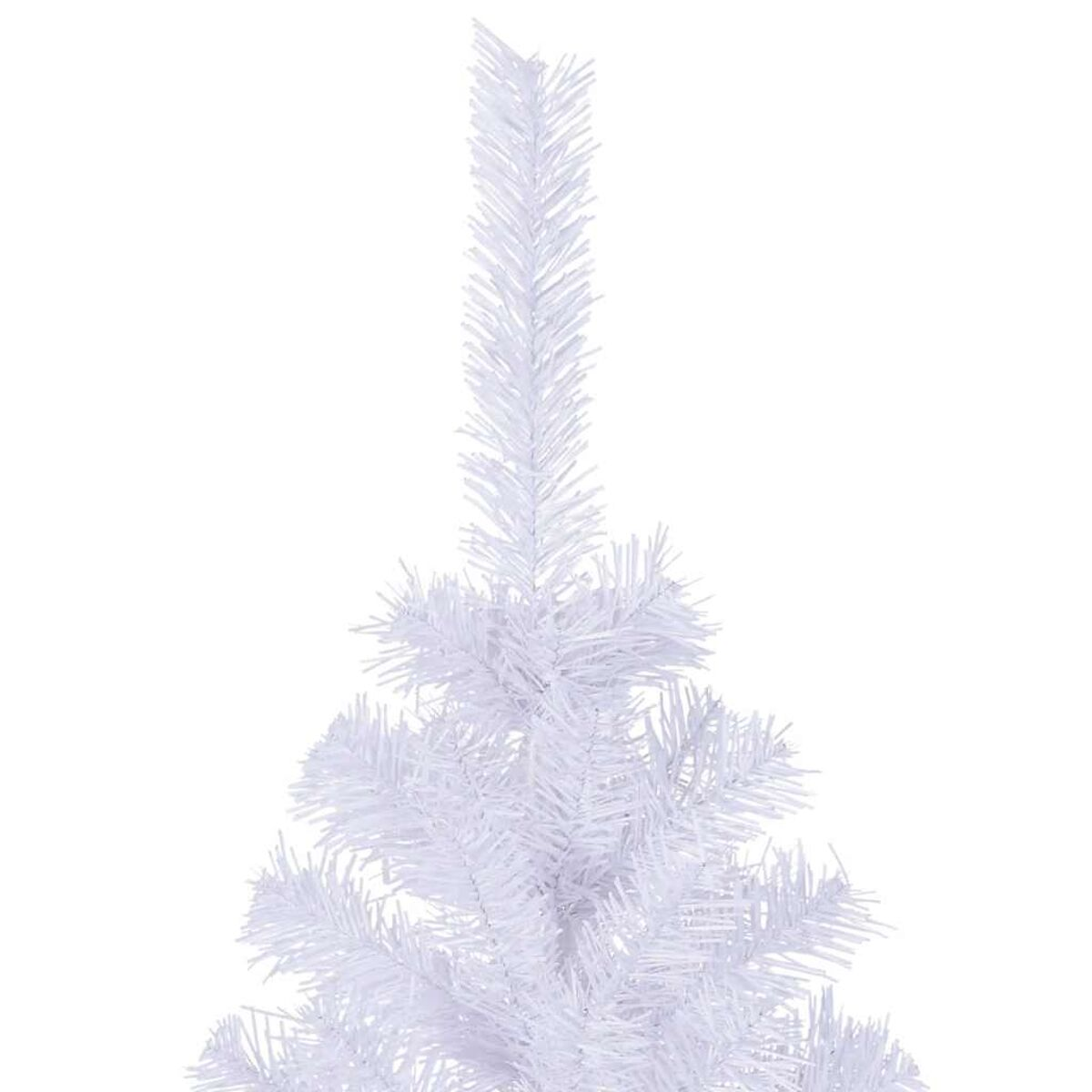 Nahaufnahme eines weißen künstlichen Weihnachtsbaums mit Nadeln und einer spitzen Spitze.