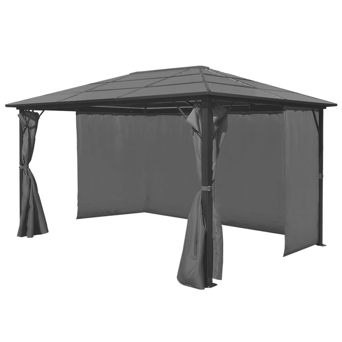 Grauer Pavillon mit Vorhängen. Er hat eine rechteckige Form und ist auf weißem Hintergrund isoliert.