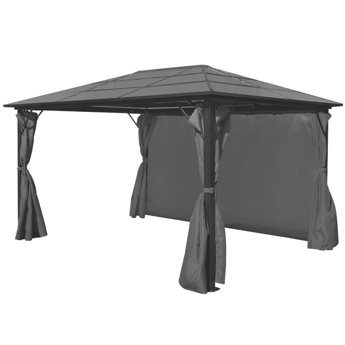 Ein grauer Pavillon mit Vorhängen. Er hat ein dunkelgraues Dach und ist auf weißem Hintergrund.