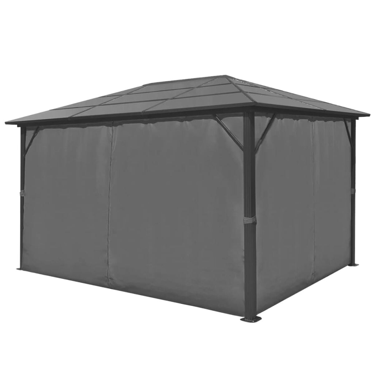 Grauer Pavillon mit dunklem Dach, geschlossene Seiten. Isoliert auf weißem Hintergrund.