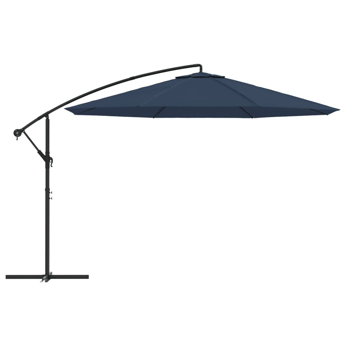 Marineblauer Offset-Regenschirm. Der Sockel ist schwarz und hat eine quadratische Form.